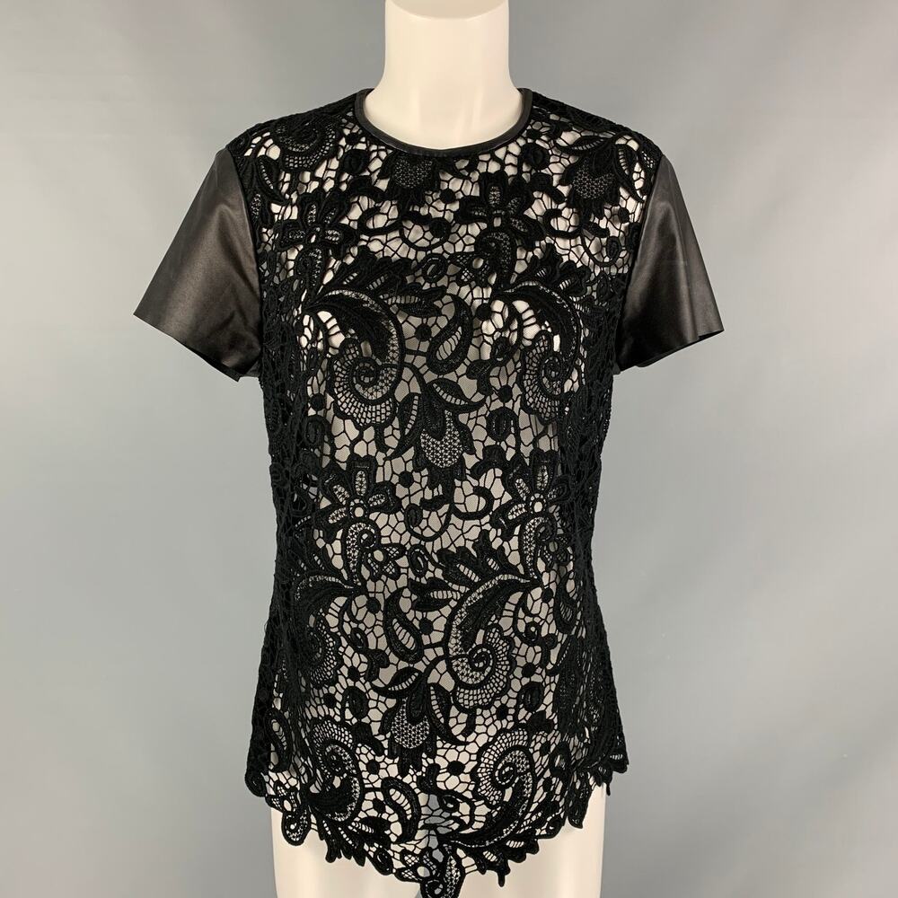RALPH LAUREN Size 10 Black Guipure Cotton Leather Trim Short Sleeve Dress Top